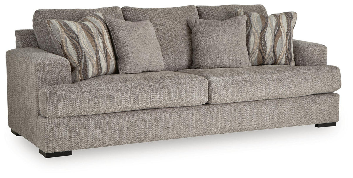 Lofwood sofa in gray fabric with rolled arms and patterned accent pillows, three-seat