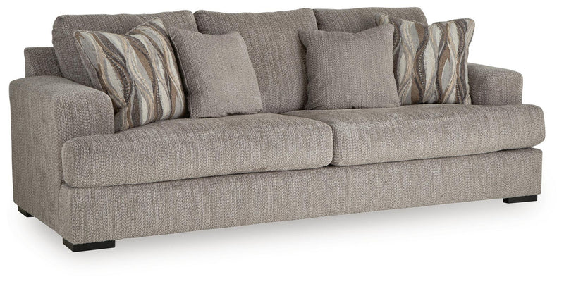Lofwood sofa in gray fabric with rolled arms and patterned accent pillows, three-seat