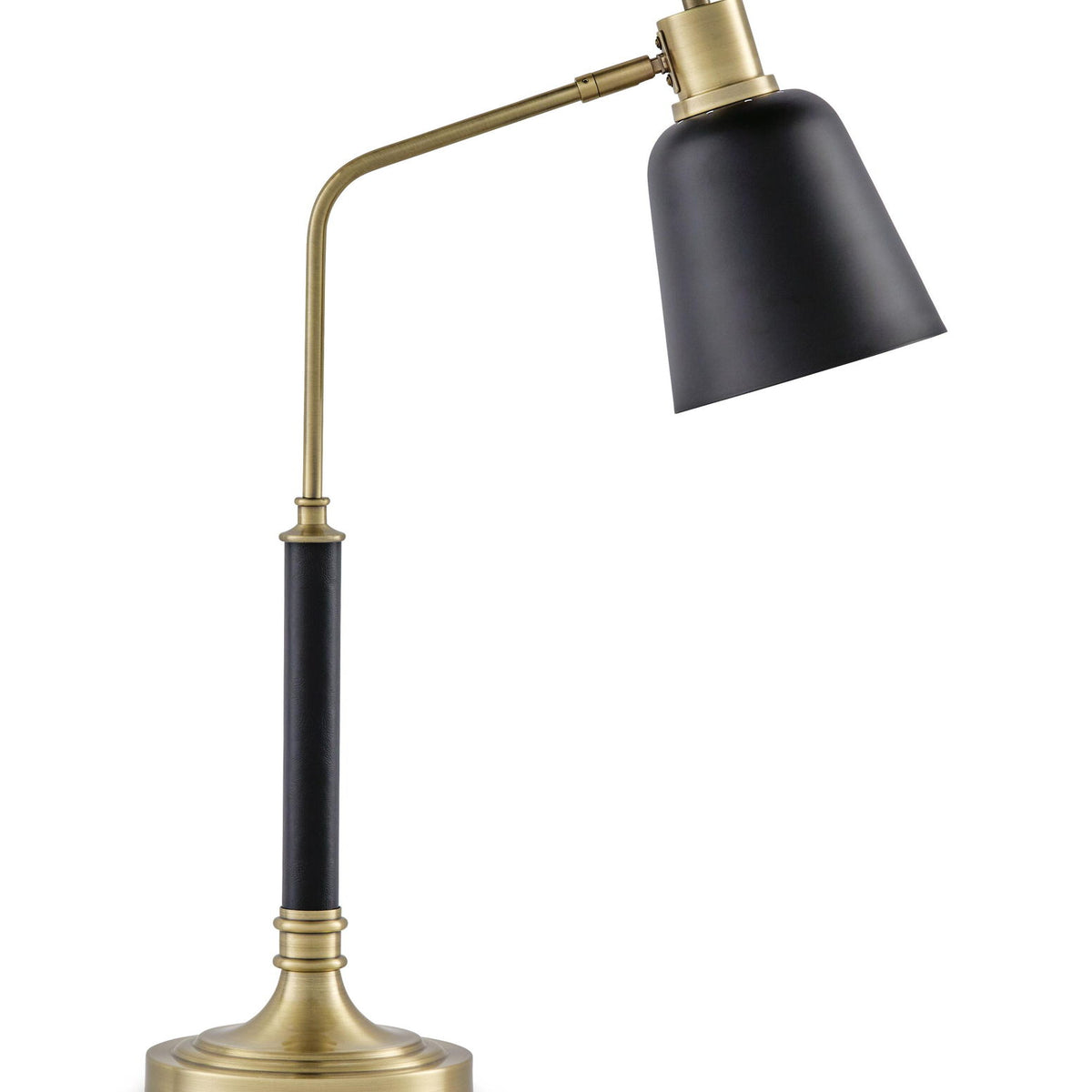 Metal lamp with black cone shade and brass-finish arm and round base