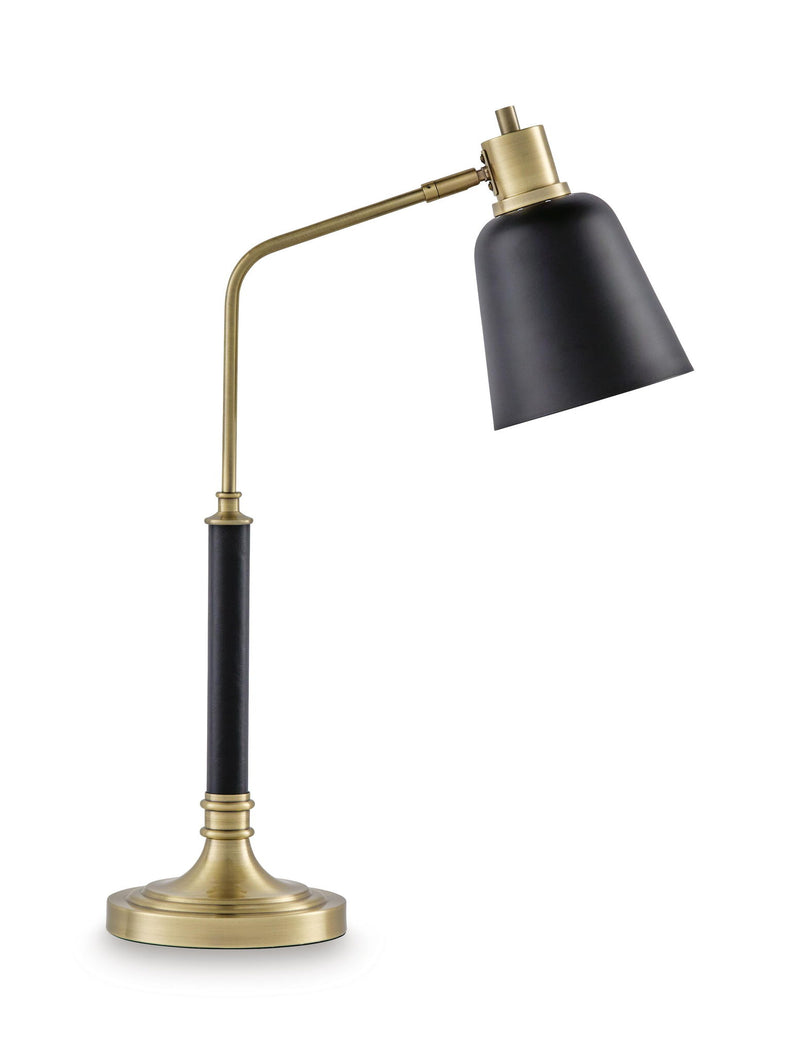 Metal lamp with black cone shade and brass-finish arm and round base