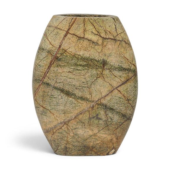 Green and tan marble vase with dark opening, wide base and carved vein texture.