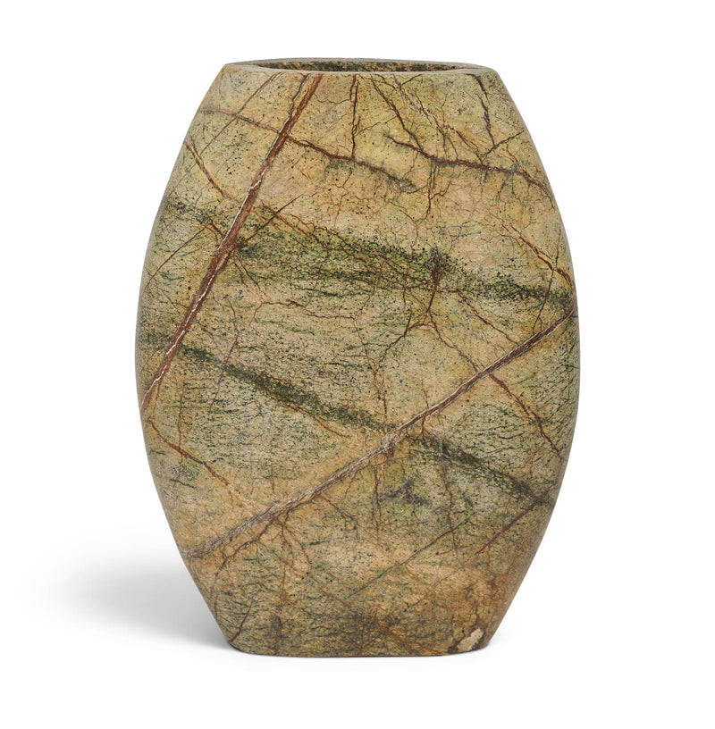 Green and tan marble vase with dark opening, wide base and carved vein texture.