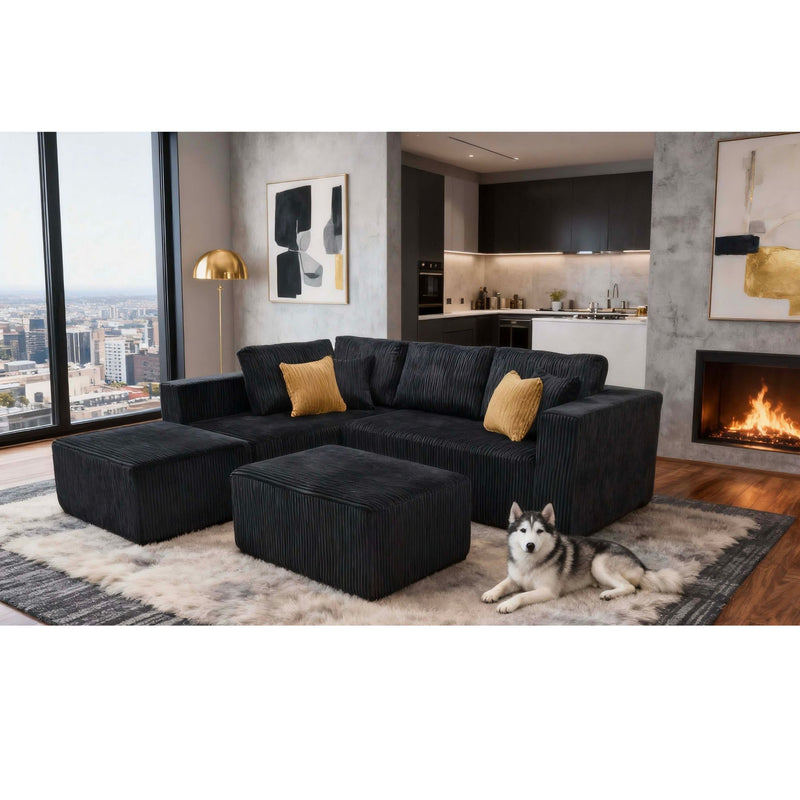 Upholstered Sectional With 2 Moveable Ottomans - Black