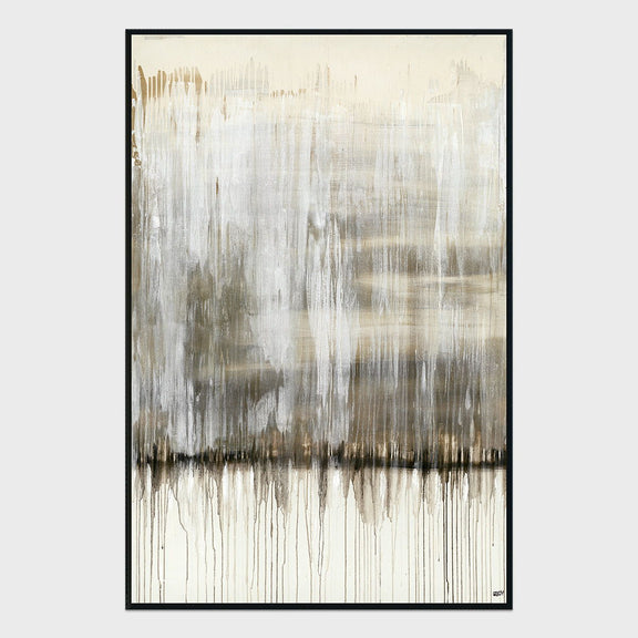 Framed abstract painting with gray and white vertical brushstrokes, black border
