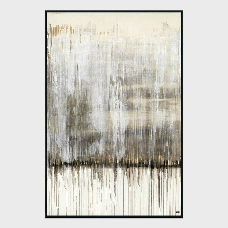 Framed abstract painting with gray and white vertical brushstrokes, black border