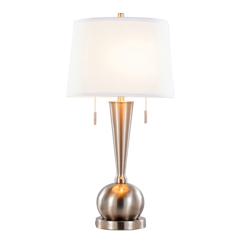 Single nickel table lamp with white shade, tapered stem and round globe base