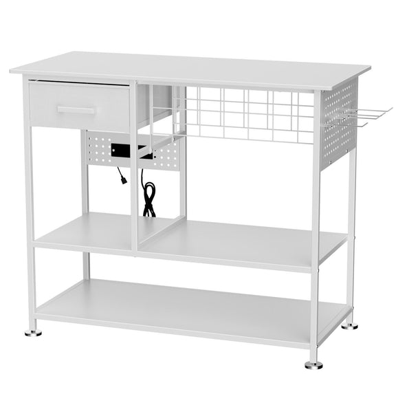 White heat press workbench table with pegboard side panel and open storage shelves