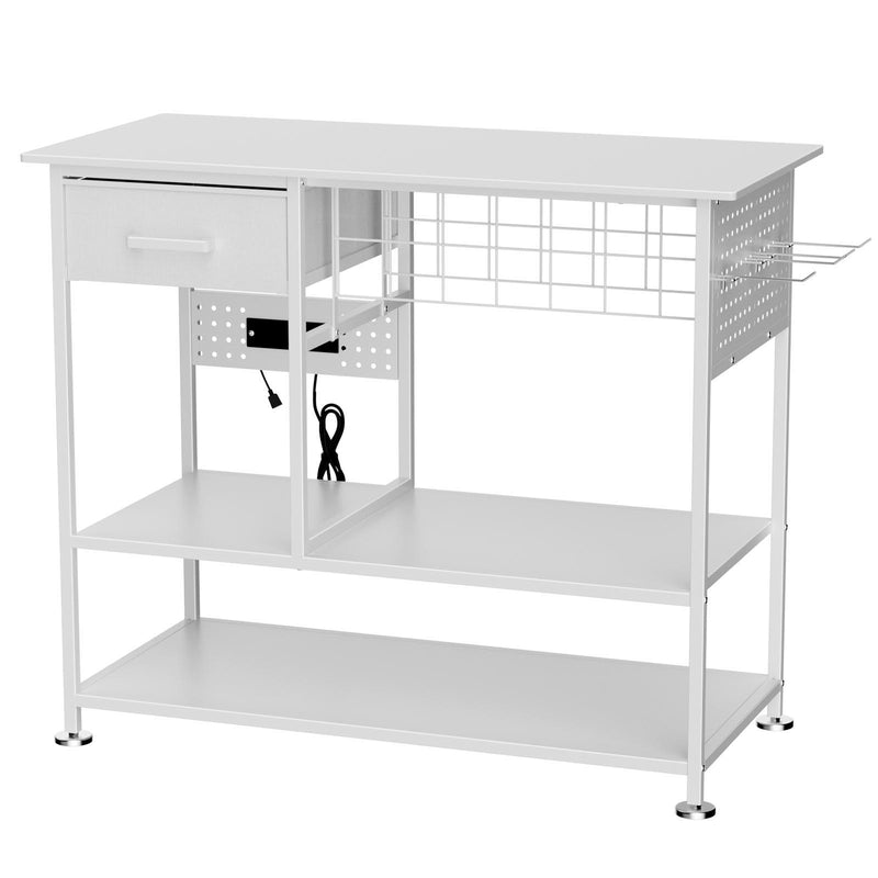 White heat press workbench table with pegboard side panel and open storage shelves