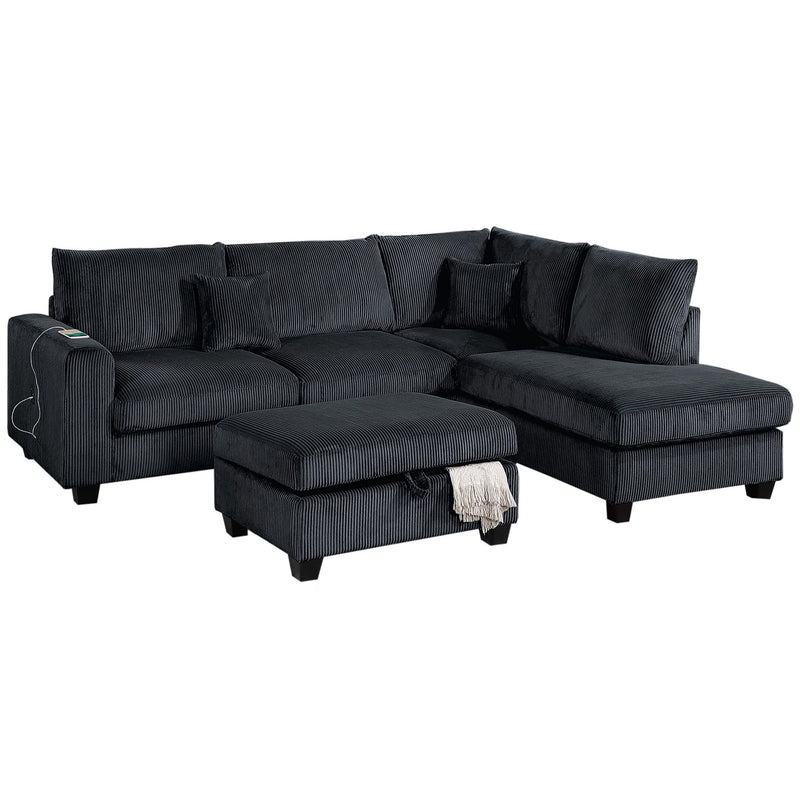 Modern Style Sectional Set With USB Port, Storage Ottoman