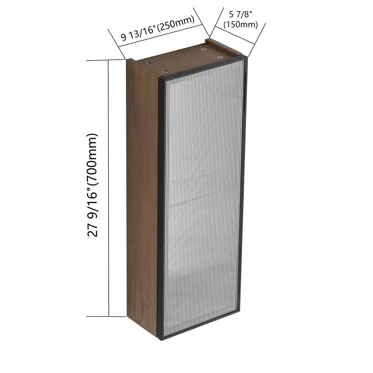 Wall mirror cabinet with door closed, oak-effect frame, slim vertical design
