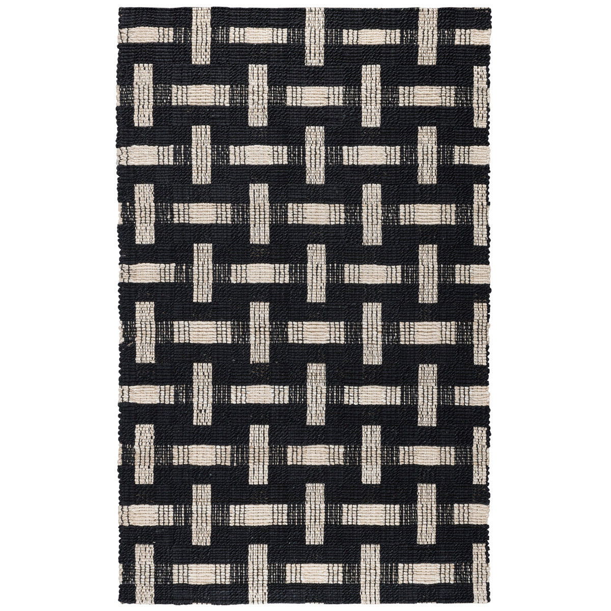 Geometric flatweave rug in black and ivory with interlocking block pattern