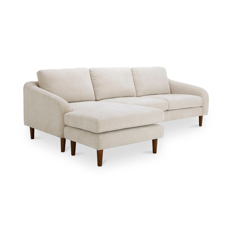 Oatmeal sectional sofa with chaise extension, three back cushions, and wooden legs