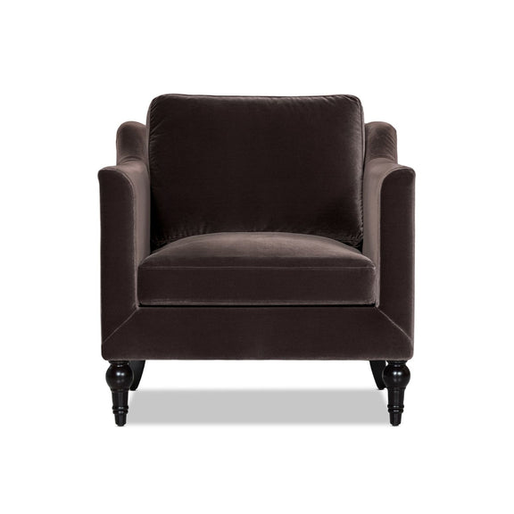 Dark brown upholstered accent chair with square arms and cushioned seat, dark legs