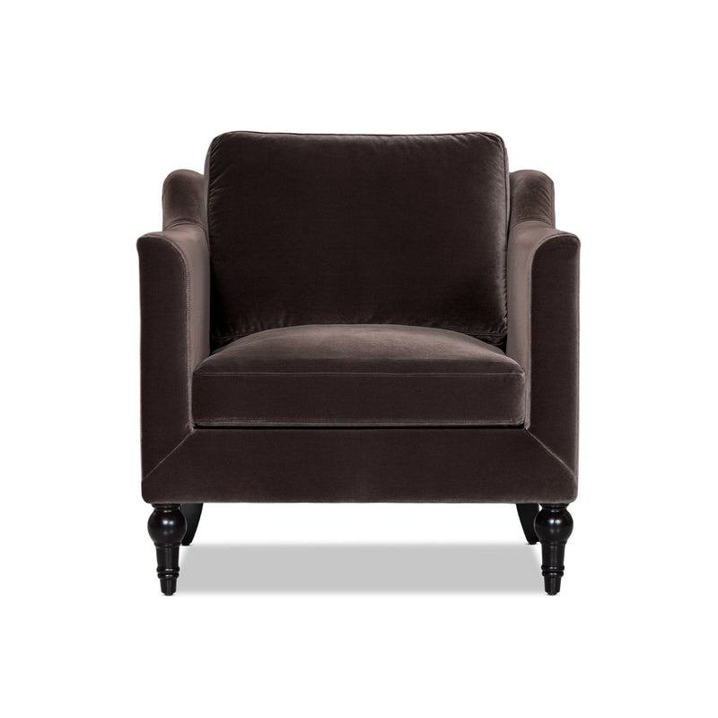 Dark brown upholstered accent chair with square arms and cushioned seat, dark legs
