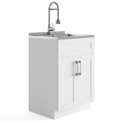 White laundry sink cabinet with stainless steel sink, tall faucet, and cabinet doors