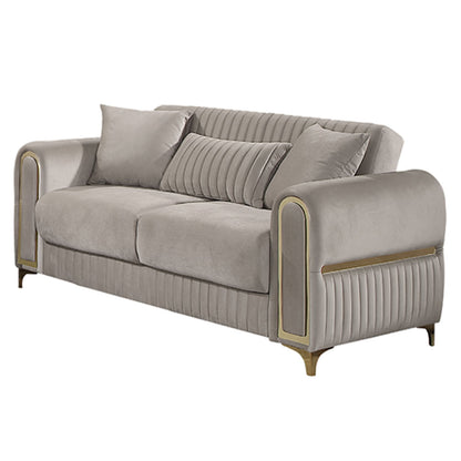 Light gray loveseat with ribbed upholstery details and gold-trimmed arm accents.