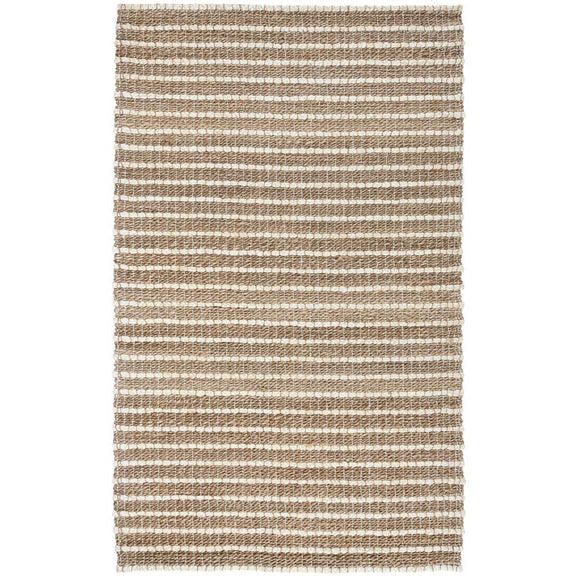 Natural fiber striped rug in light beige and tan horizontal lines with fringed border