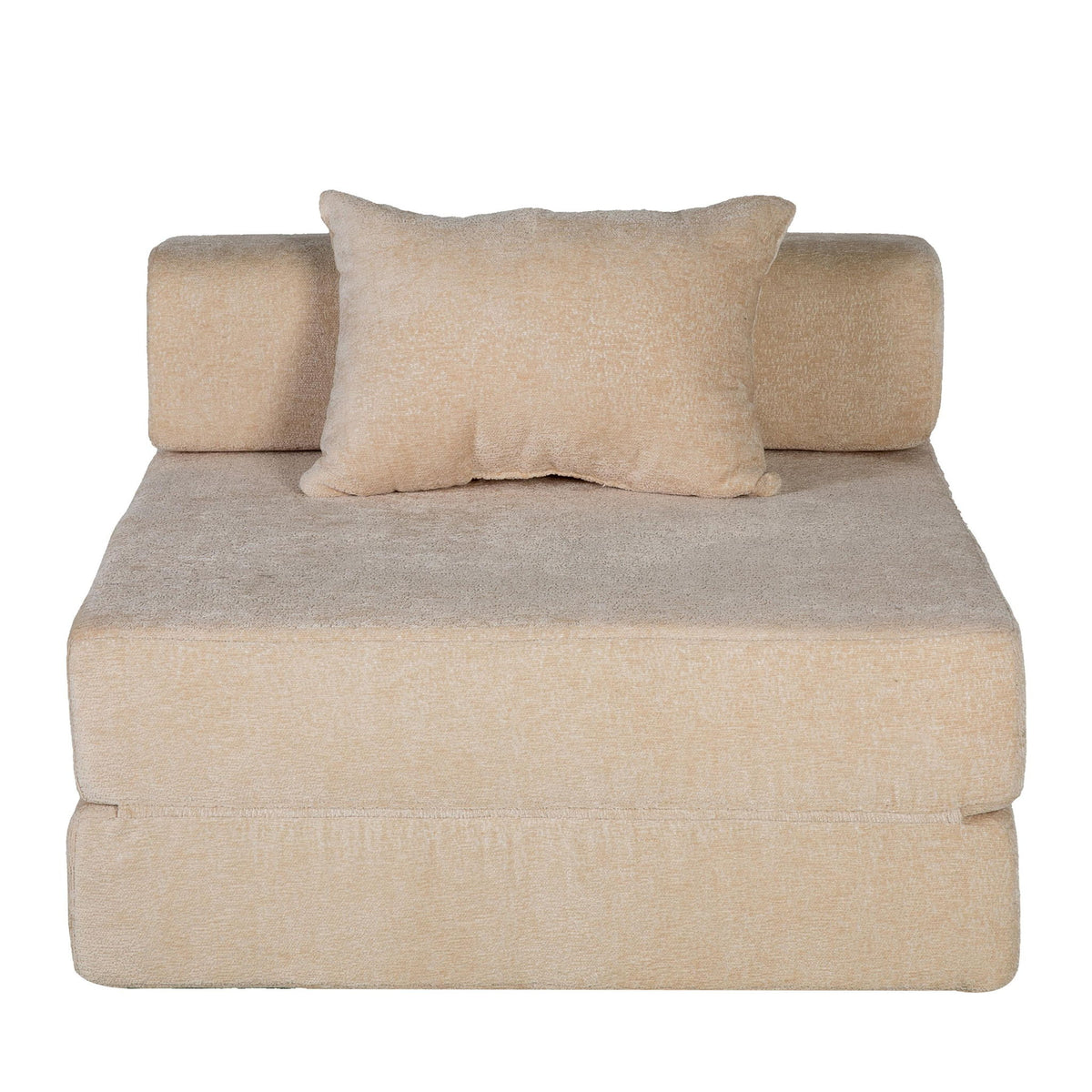 Beige convertible floor sofa bed with two back cushions and wide chaise seat