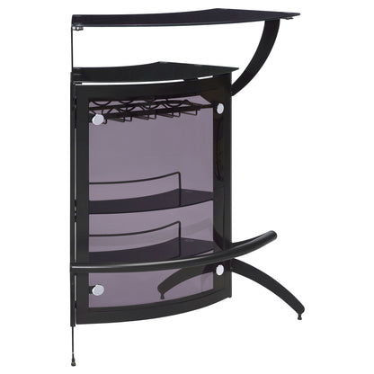 Black 2-shelf home bar cart with curved base, open frame, and wine glass rack