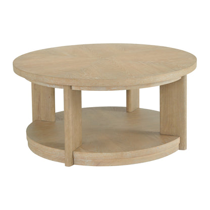 Round light-brown wood accent table with lower shelf and curved apron sides
