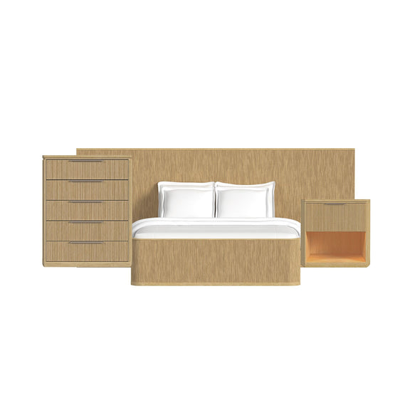 Light brown wall bed bedroom set with platform bed, drawer dresser, and side cabinet