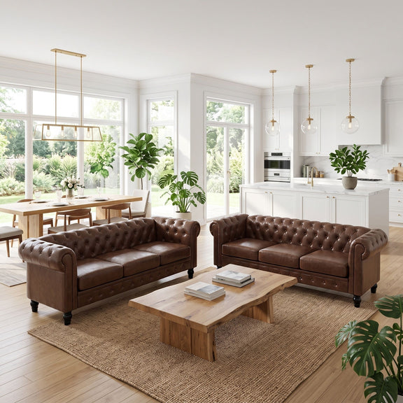 Dark brown sofa set with button-tufted backs, three-seat cushions, and rolled arms