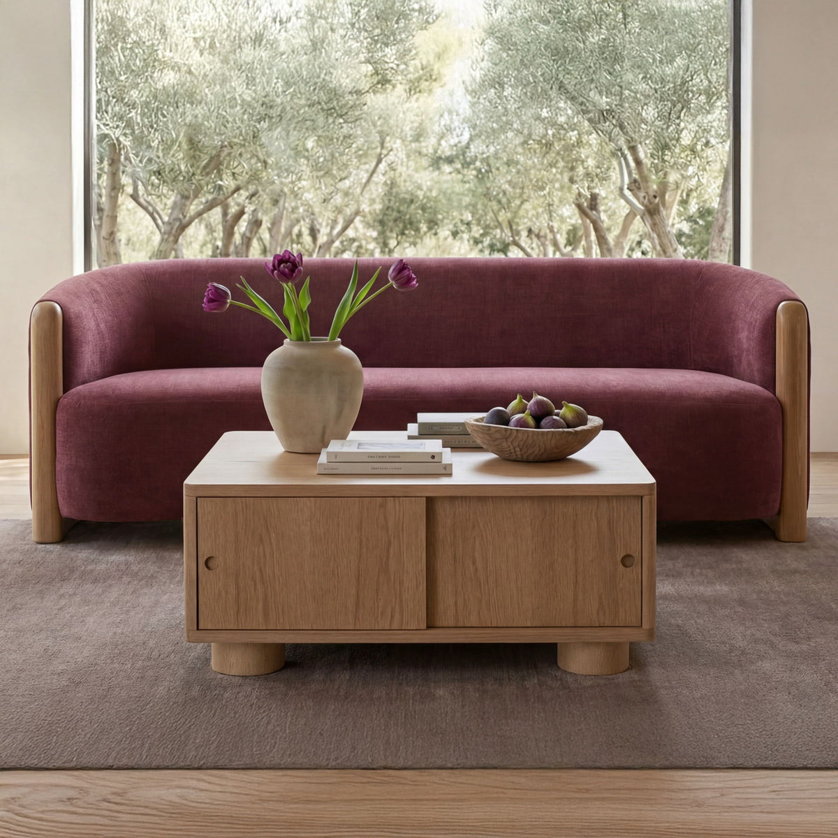 Natural wood storage coffee table with two cabinet doors and rounded corner legs