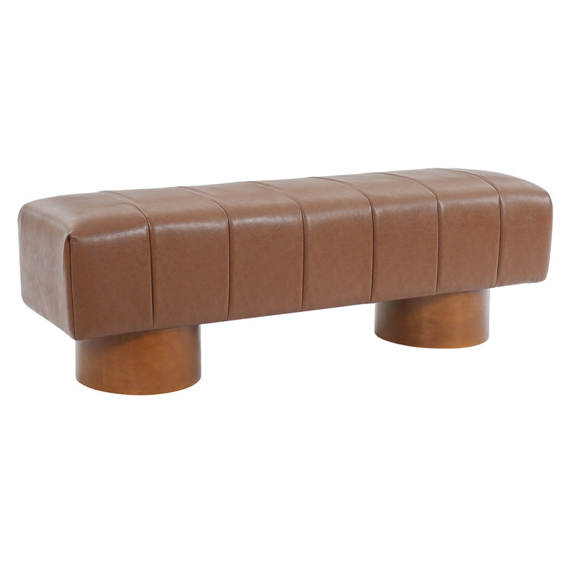 Brown upholstered dining bench with tufted top and rounded wooden legs