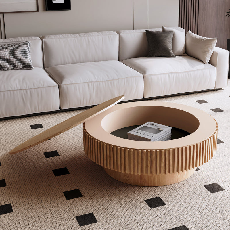 Round Coffee Table Hidden Storage Solid Wood Veneer 39.37-inch
