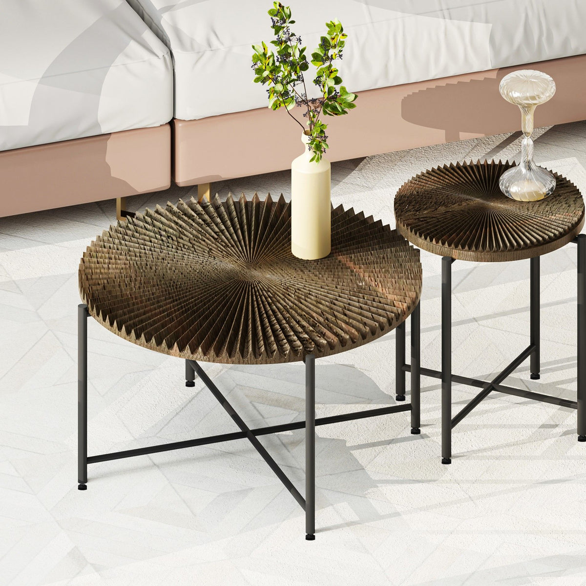 Radial - Pattern Coffee And End Table Set Waterproof Cover, Distressed Cylindrical Design (Set of 2)