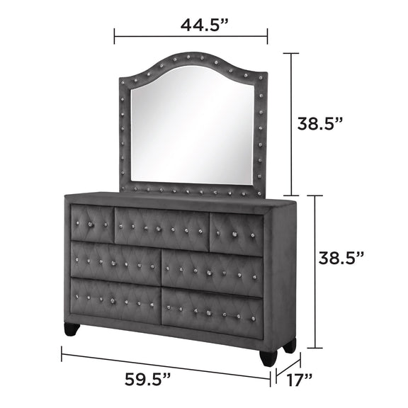 Dark gray upholstered dresser and arched mirror with nailhead trim