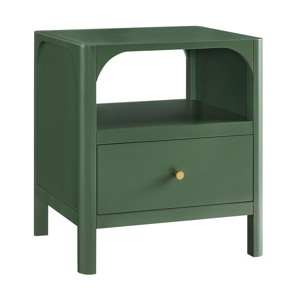 Dark green nightstand with open shelf, single drawer, and round brass knob.