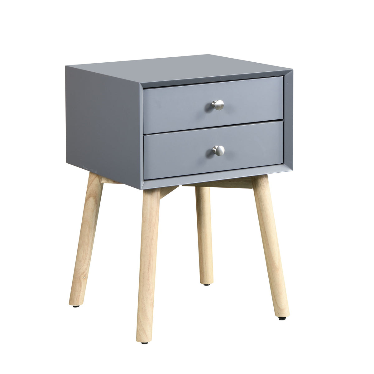 Dark gray mid-century side table with two drawers and round metal knobs on light legs