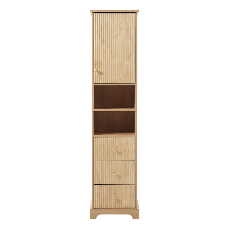 Tall Bathroom Cabinet With 1 Door, 3 Drawers, Open Storage - Wood