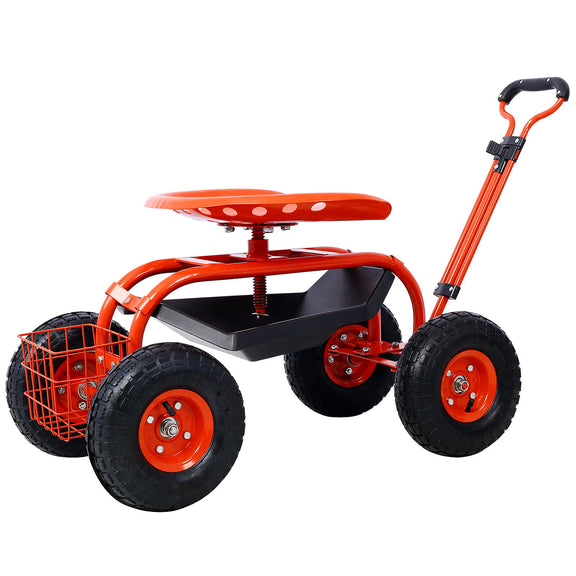Red garden scooter cart with swivel seat and black tool tray, plus front wire basket