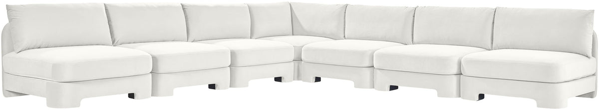 White velvet performance sectional sofa with armless seating and channel-tufted back