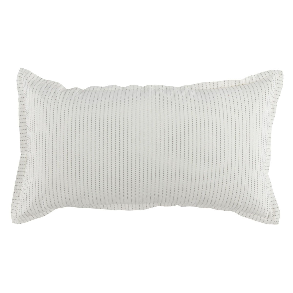 Rectangular white pillow sham with tight vertical pinstripes and stitched side borders