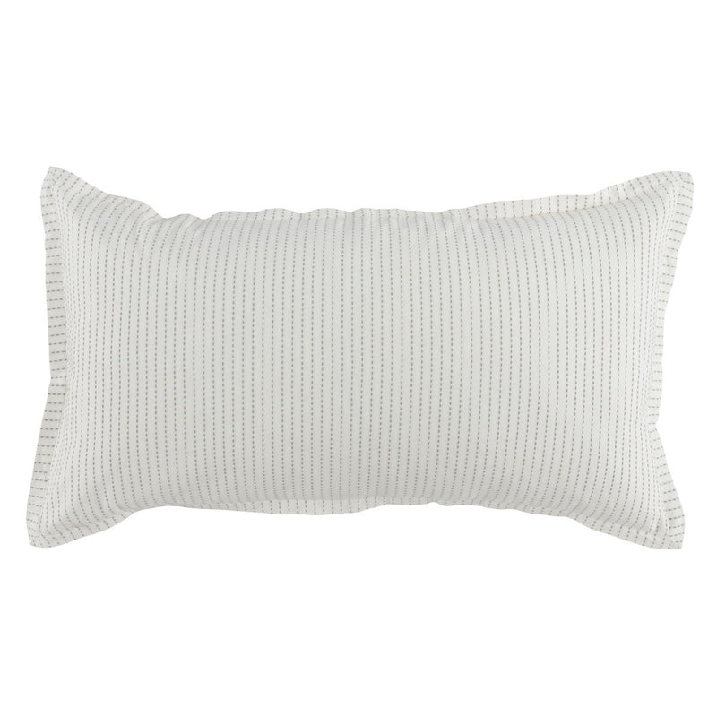 Rectangular white pillow sham with tight vertical pinstripes and stitched side borders