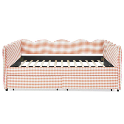 Pink gingham daybed with wave-shaped headboard and open slat mattress base