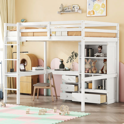 Full Size Loft Wood Bed with Desk, Storage shelves and Drawers, Built-in Ladder, High Loft Bed with Desk, Storage Shelves and Drawers, Guardrails, White