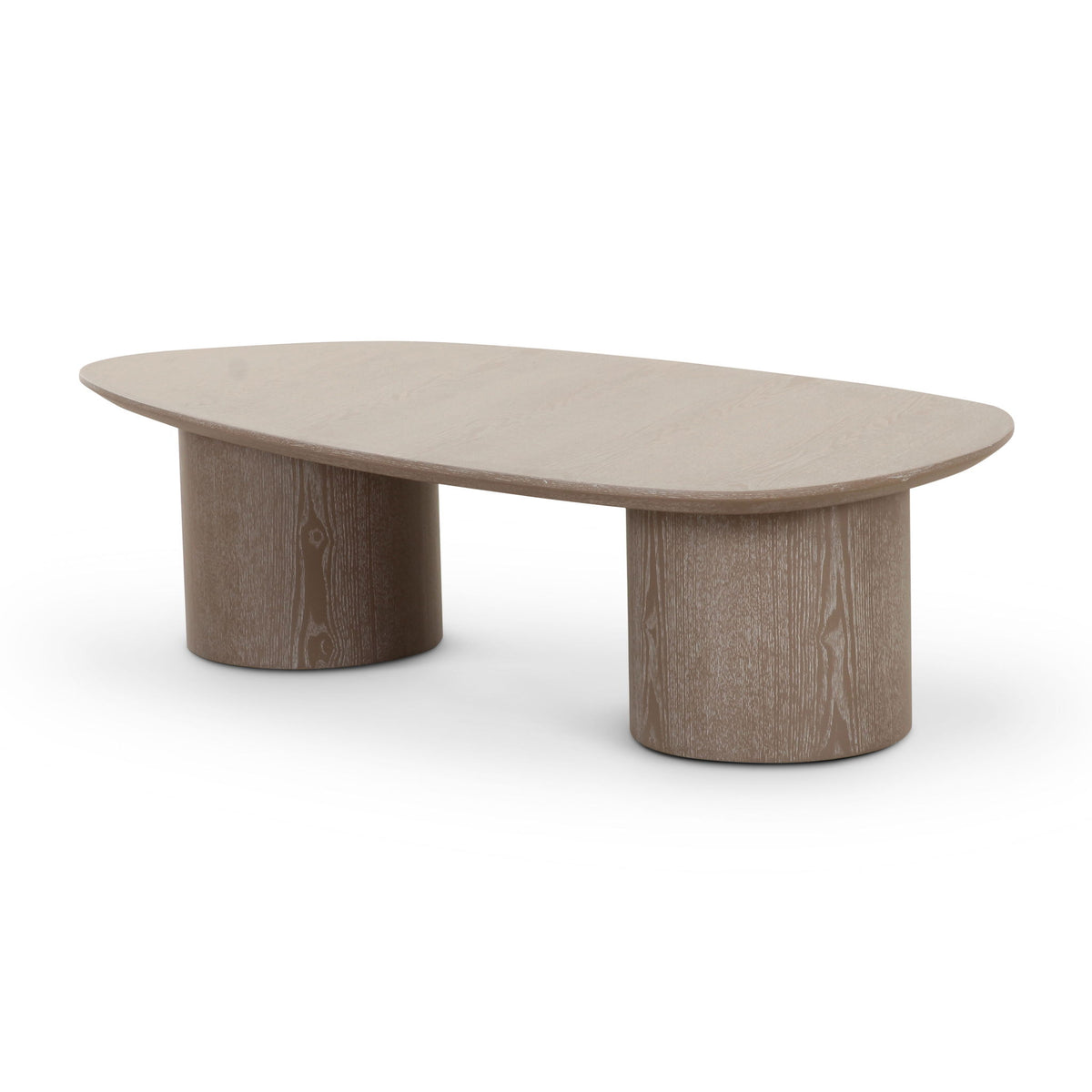 Washed ash oblong coffee table with curved top and pedestal leg supports