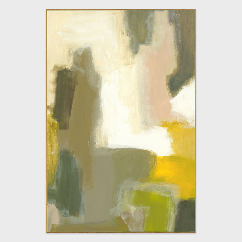 Framed abstract wall art painting, green and beige tones, 40x60 in