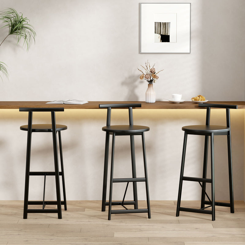 Set of 3 bar stools with backs, dark seats, black legs and footrest bars