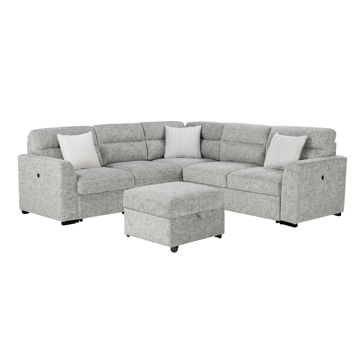 Emiliano - Sectional Sofa With 3 Pillows And Storage Ottoman - Nickel