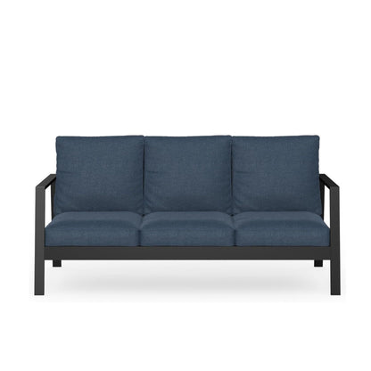 3-seat all-weather patio sofa with cushions, dark blue fabric and black metal frame