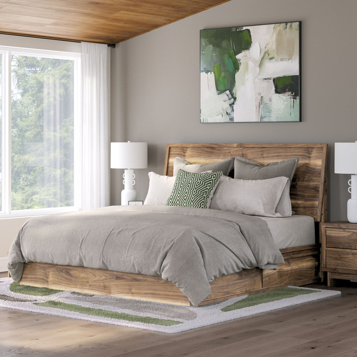 Dark brown panel bed with storage, white comforter and pillows in a styled bedroom