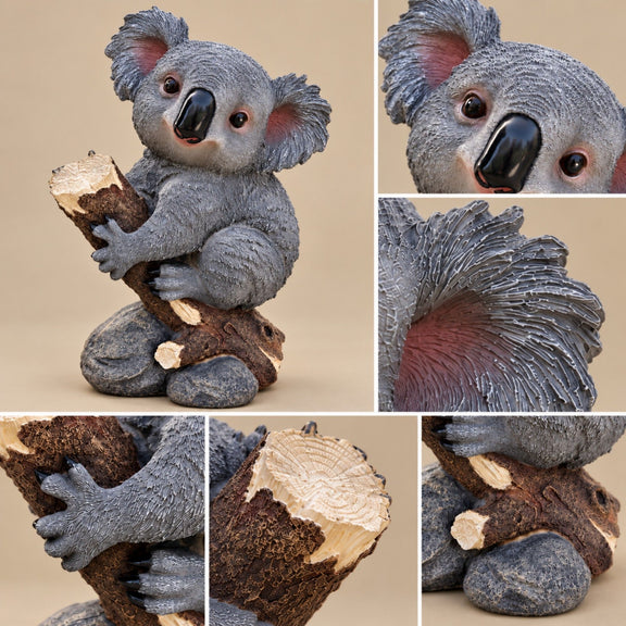 Koala statue detail collage showing textured fur, pink ears, log, paws, and stump base.