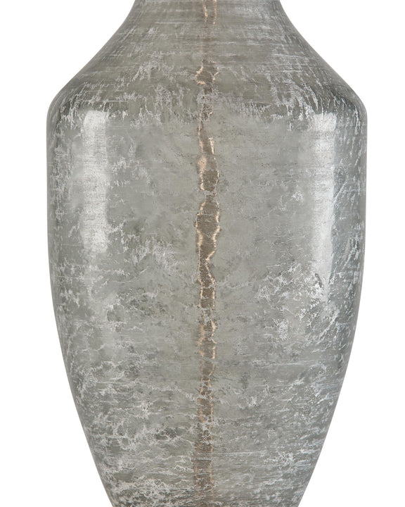 Textured clear-gray glass lamp base with vertical seam detail and brassy base ring