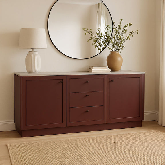 Burgundy sideboard with white top, two drawers centered and two doors