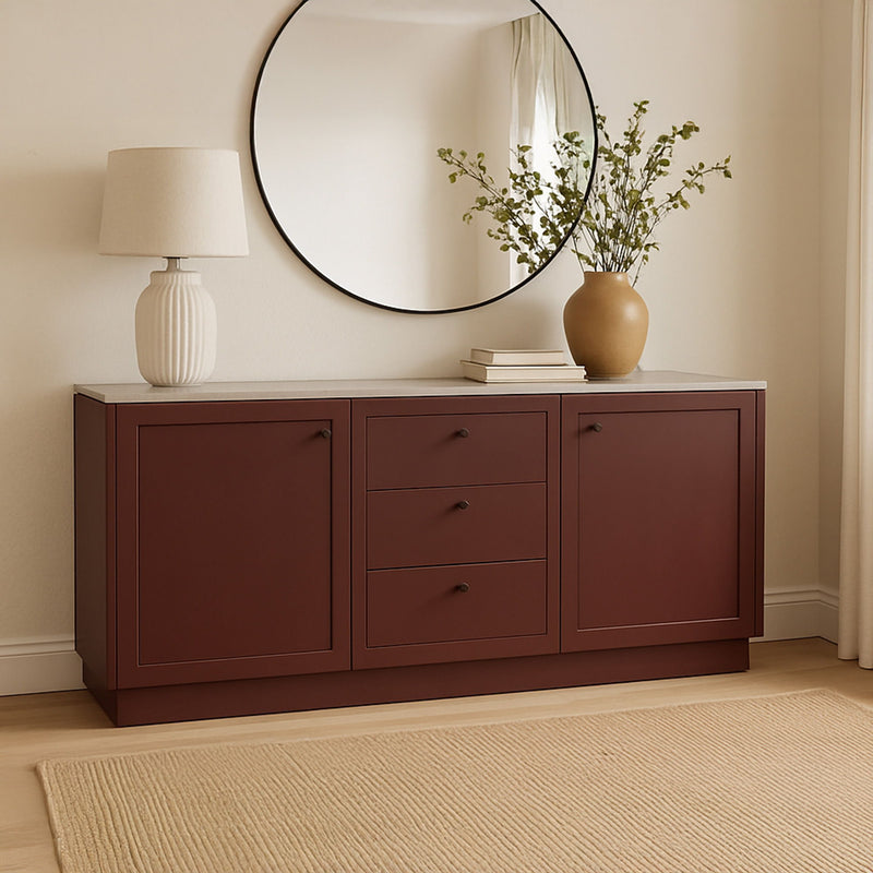Burgundy sideboard with white top, two drawers centered and two doors